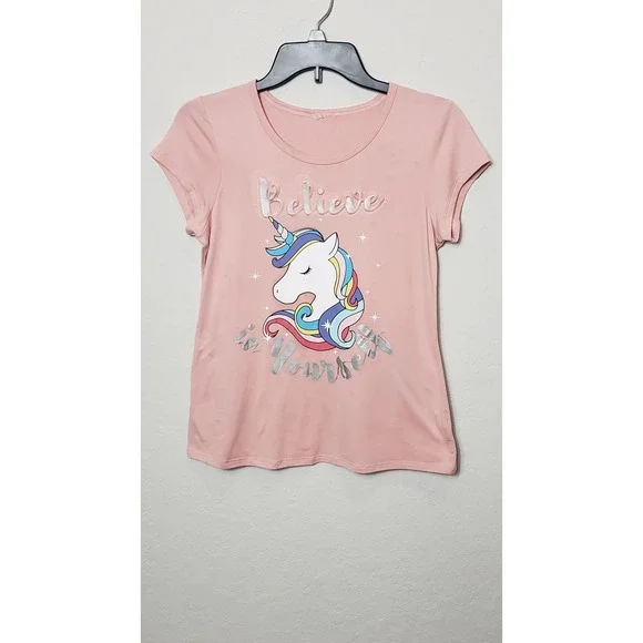 Girls Pink Unicorn Believe in Yourself Graphic T-Shirt Short Sleeve Top Kids - Picture 2 of 13